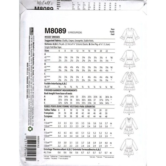McCalls M8089 Misses 6 to 14 Tiered Skirt Pullover Dress Uncut Sewing Pattern - Picture 2 of 2